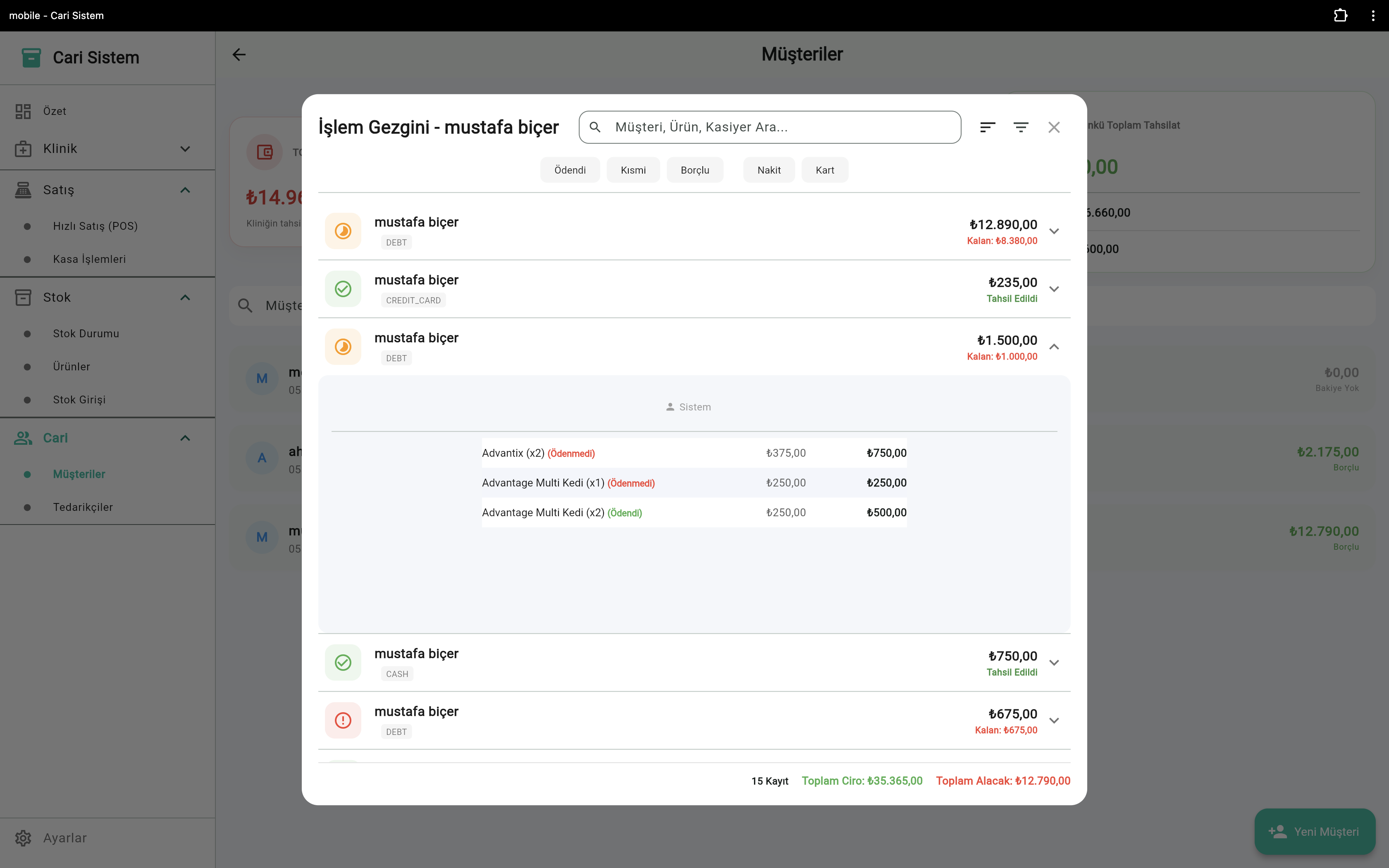 VetApp müşteri işlem detayı