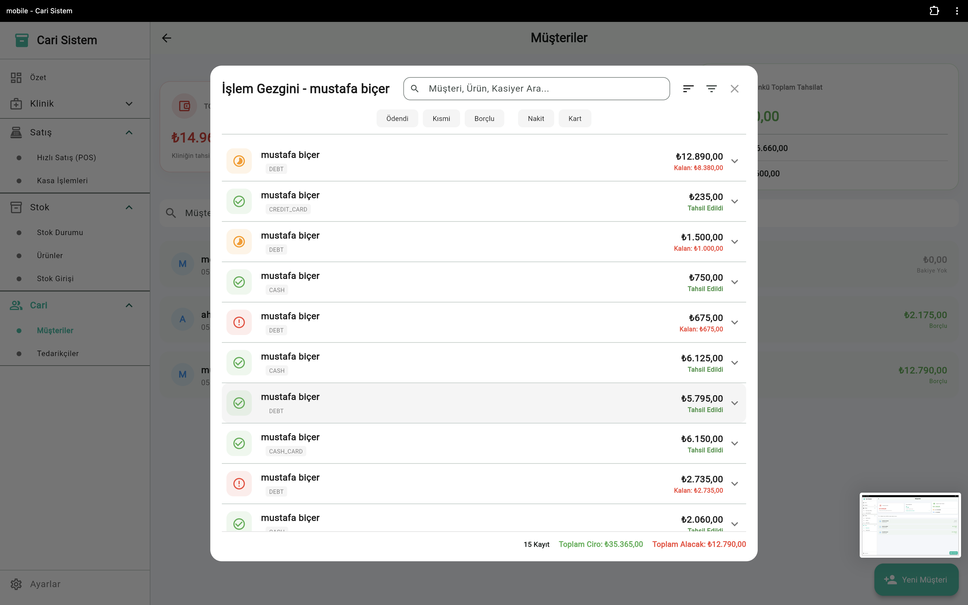 VetApp müşteri işlem gezgini