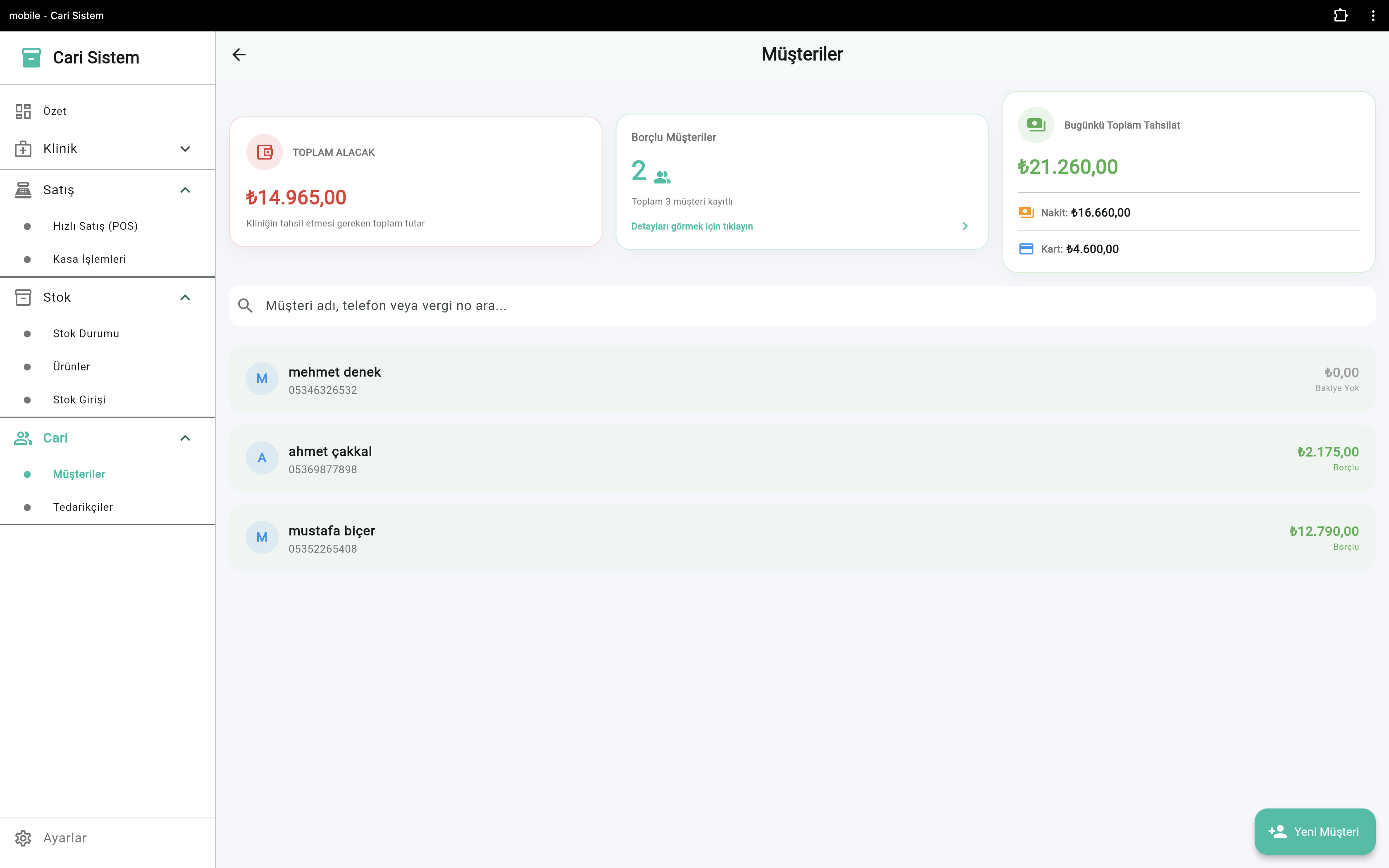 VetApp müşteri cari listesi