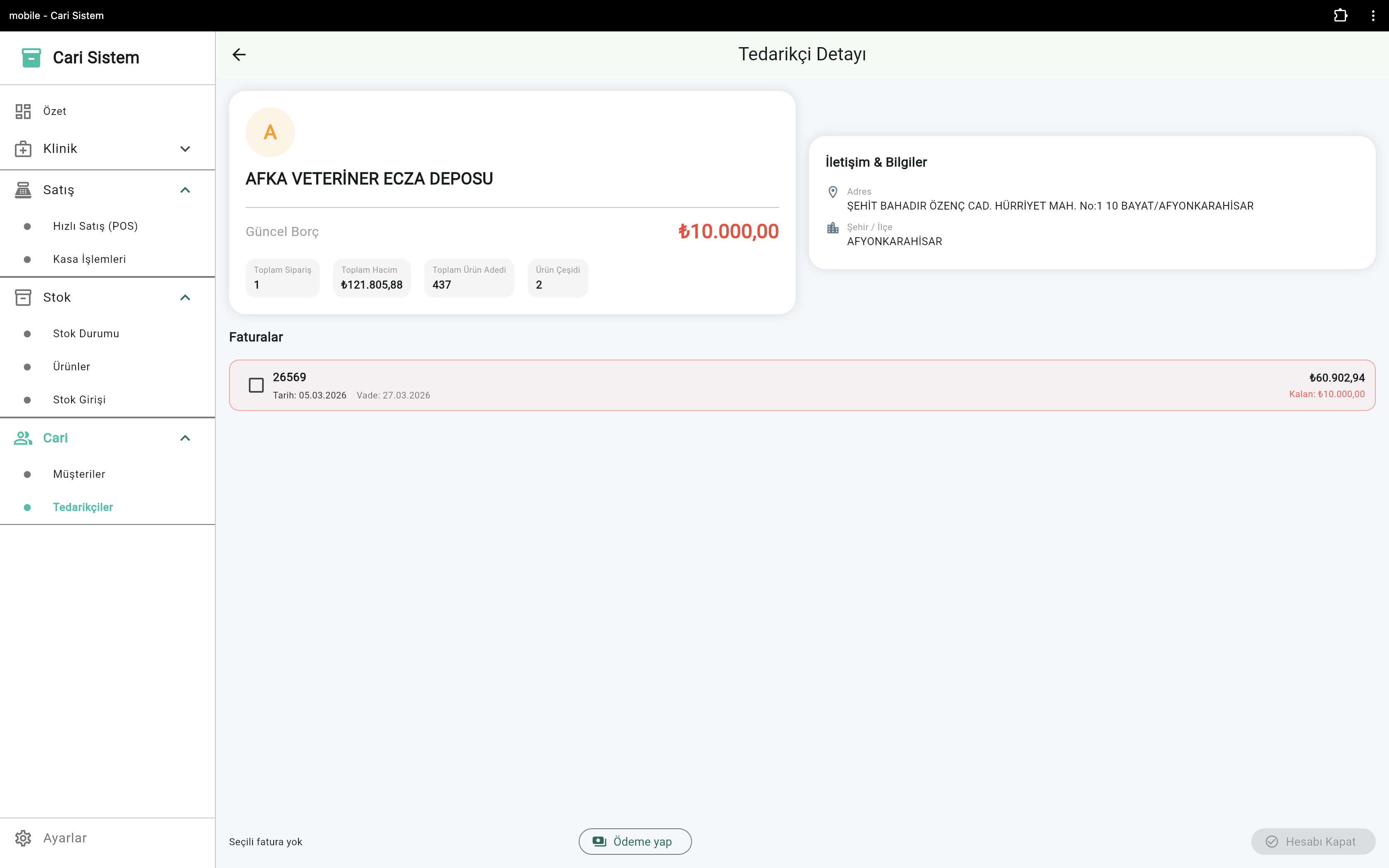 VetApp tedarikçi detay sayfası