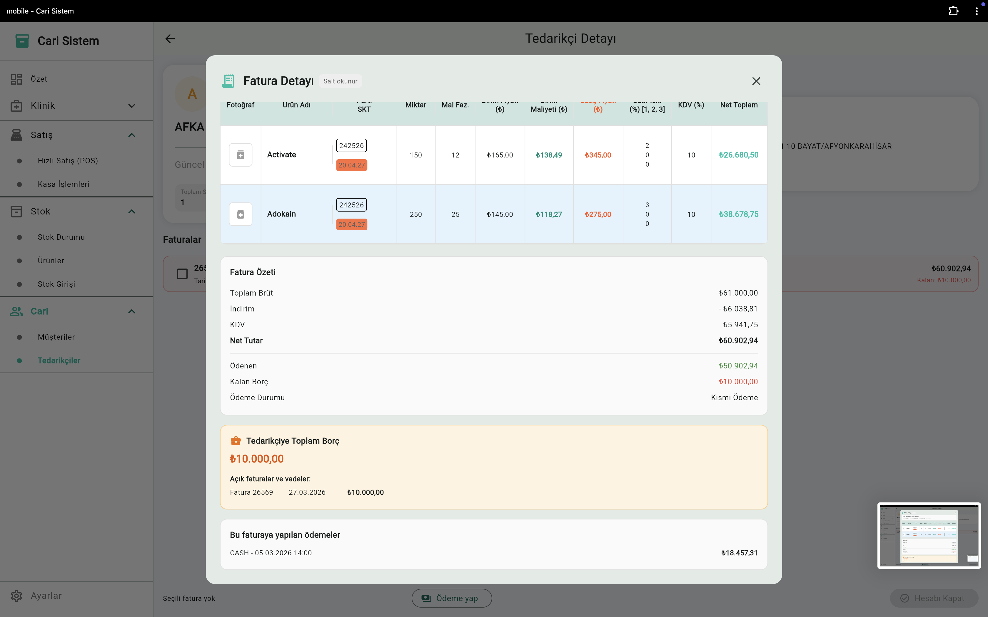 VetApp tedarikçi fatura ödeme geçmişi