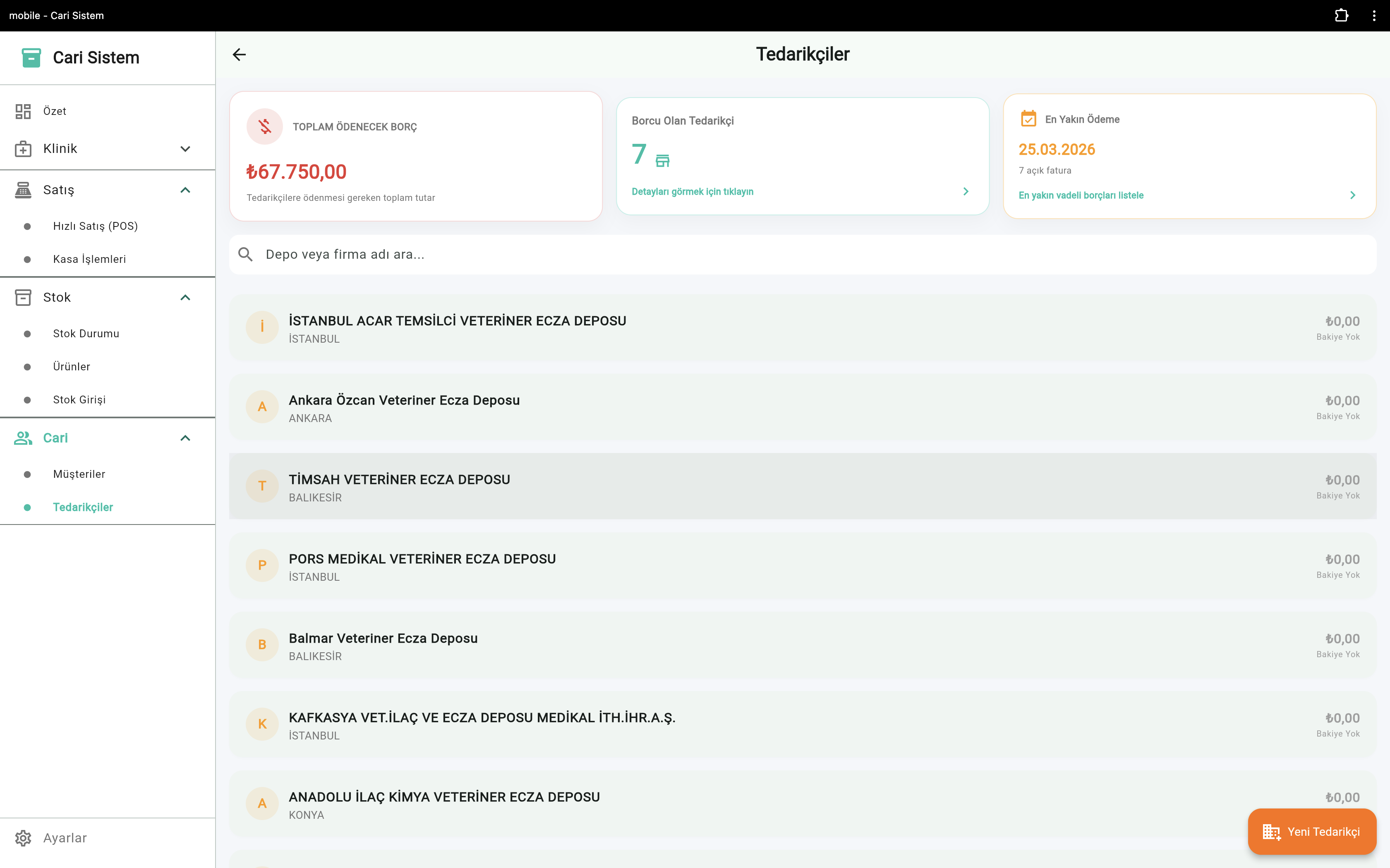 VetApp tedarikçi yönetimi