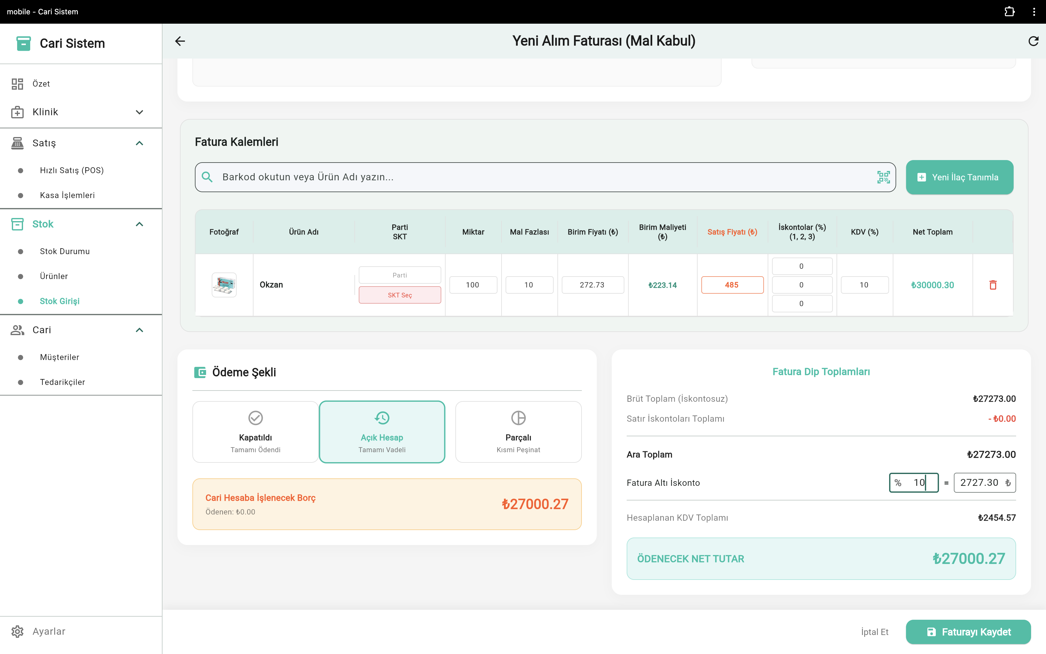 VetApp stok alım faturası