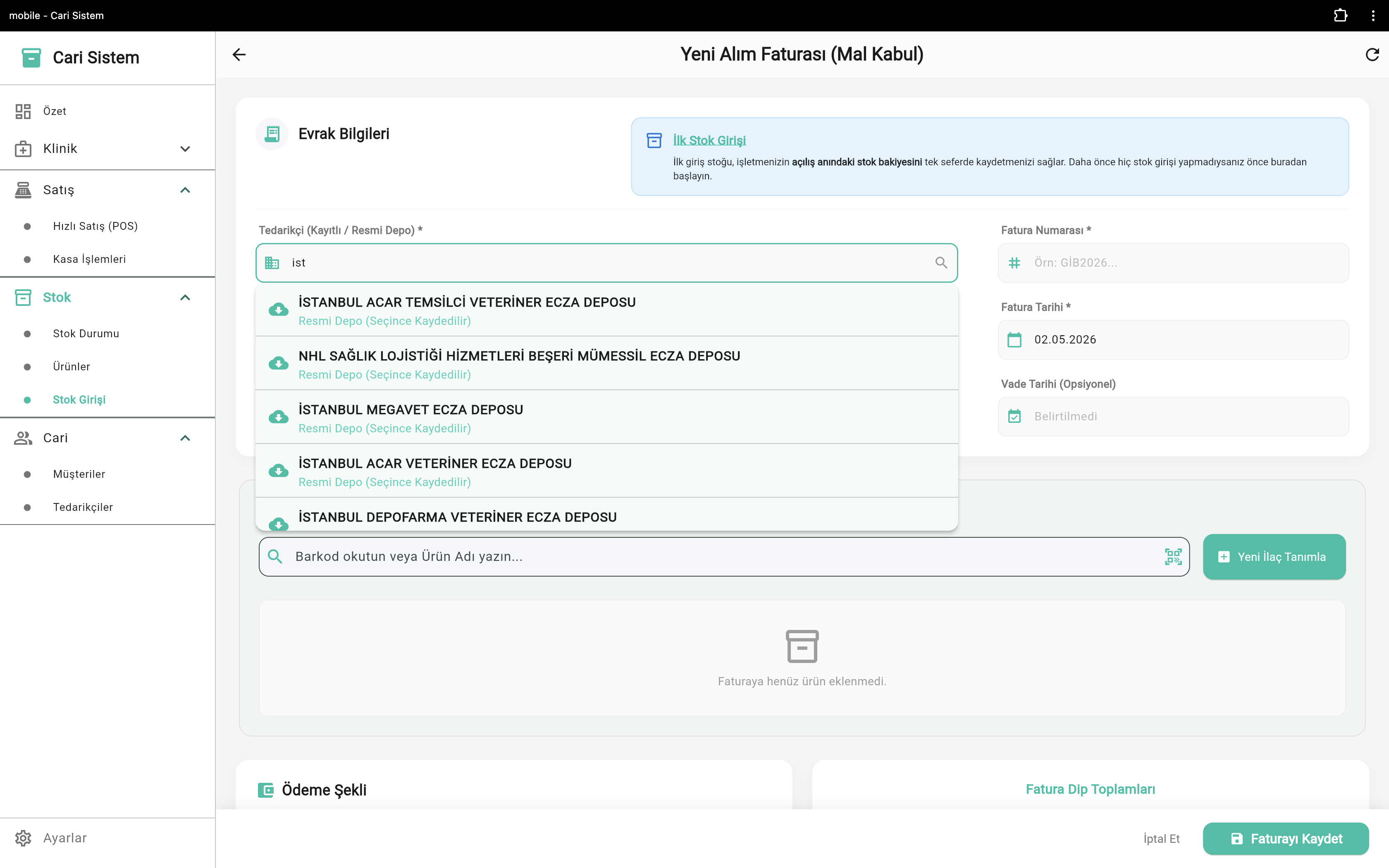 VetApp stok alım faturası - tedarikçi seçimi