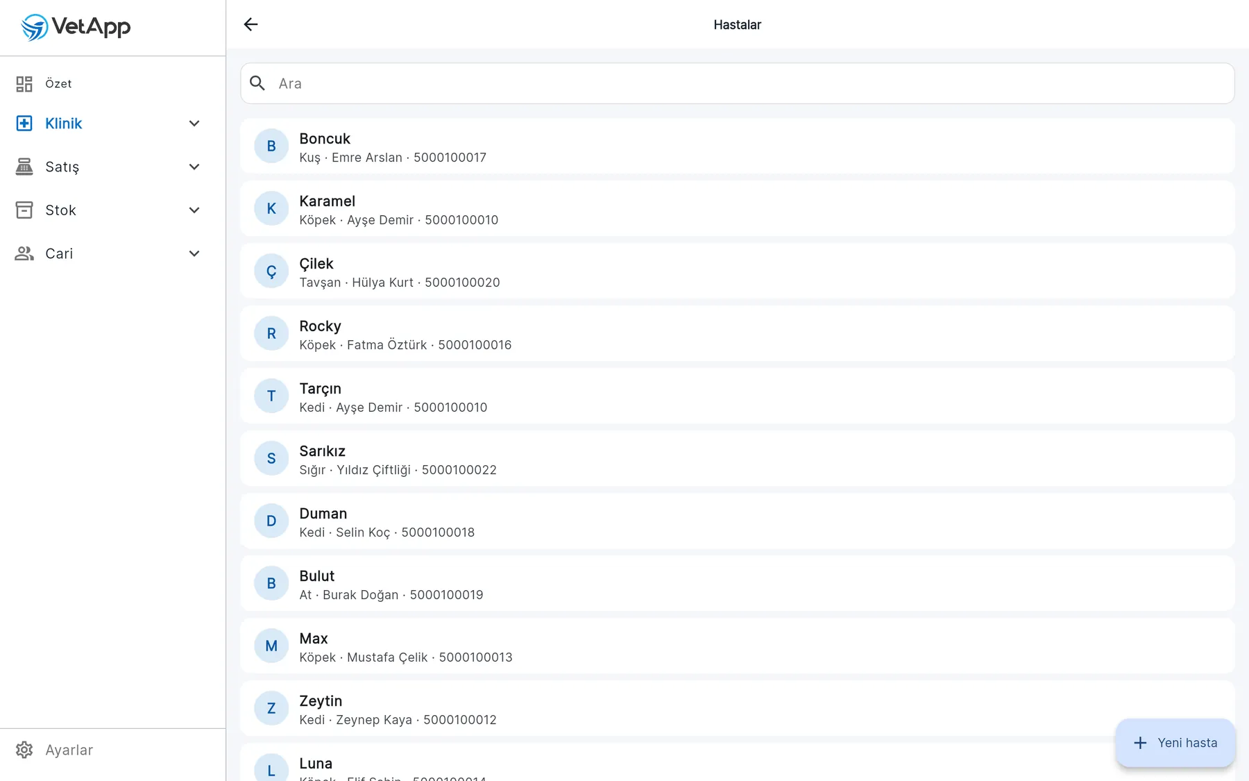 VetApp hasta listesi