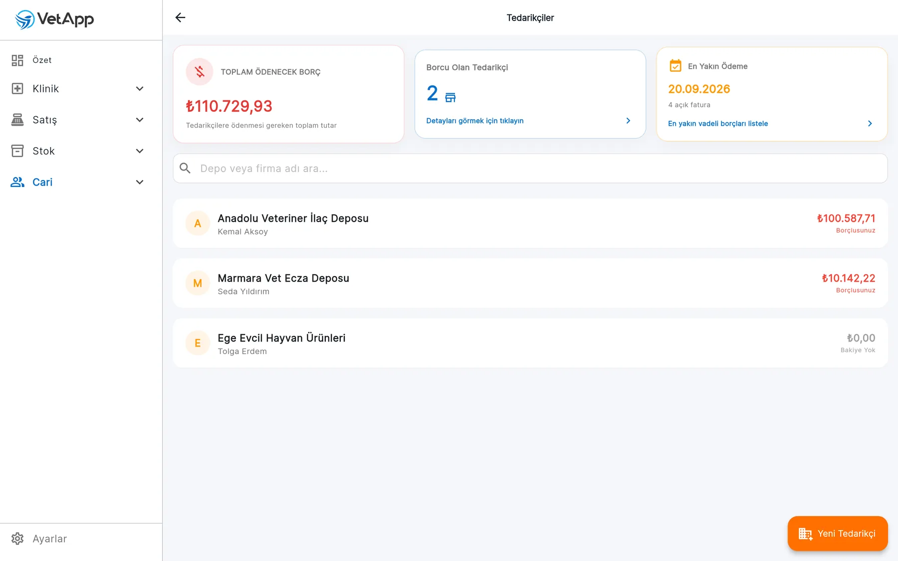 VetApp tedarikçi cari ekranı
